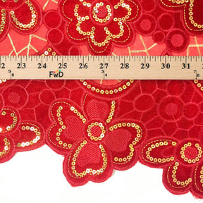 Red Floral Velvet Patch Embroidered on Voile