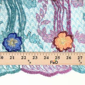 Turquoise Floral Patch Sequins w/ Rhinestones on Embroidered Mesh Lace
