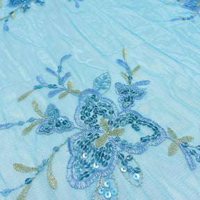 Turquoise Trillium Sequin Embroidered Mesh