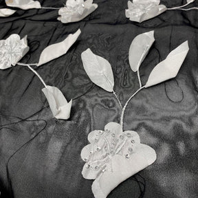 White Daisy Ribbon Patch Embroidery on Black Taffeta