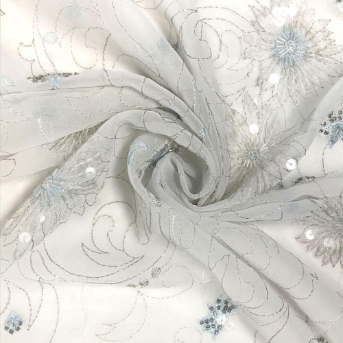 Floral Vine Metallic Embroidery Beaded Georgette Lace Fabric $7.99/Yard
