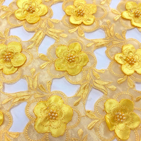 Yellow Floral Embroidery on Peach Organza Lace